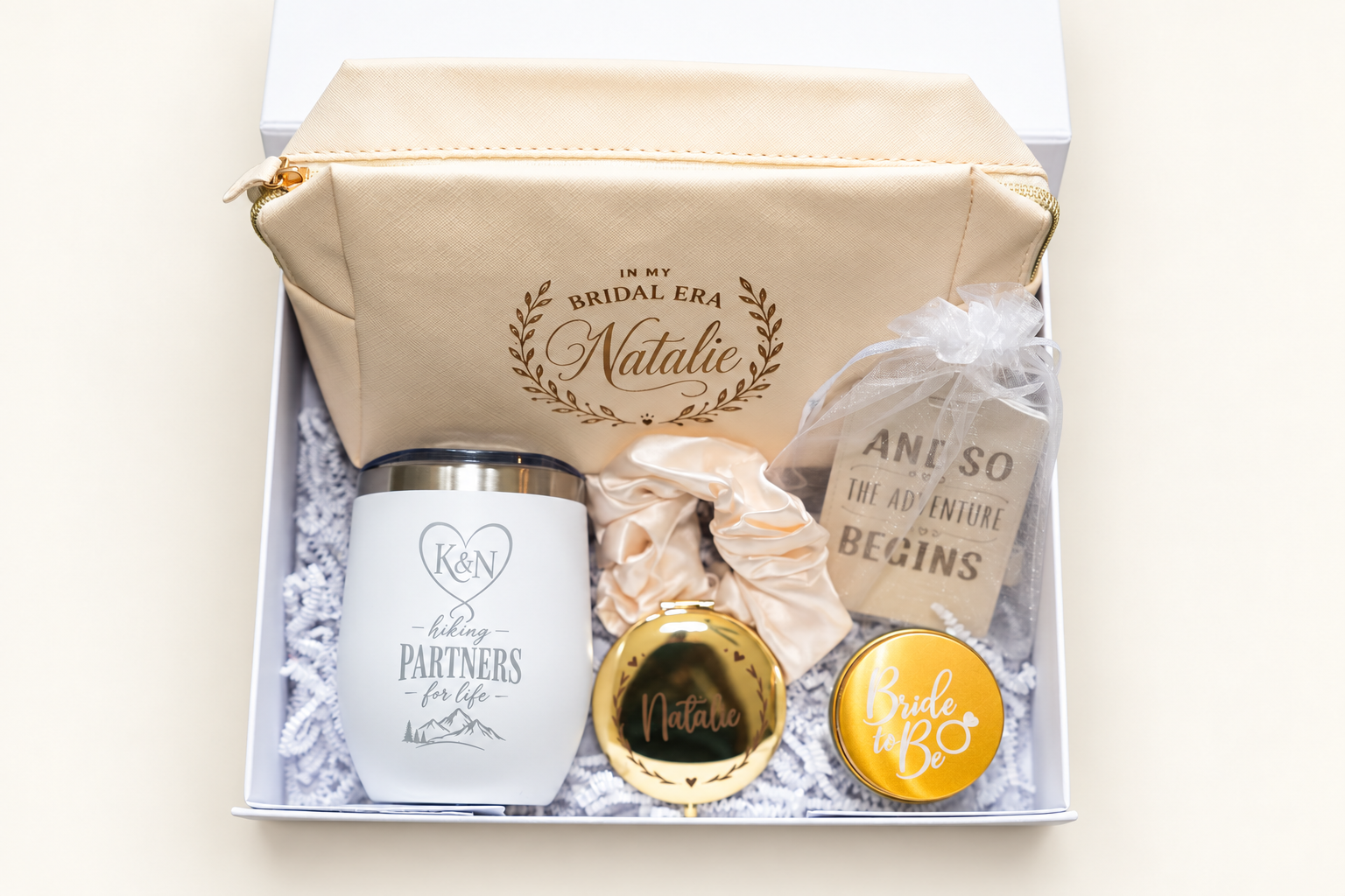 A beautifully personalized bridal gift set