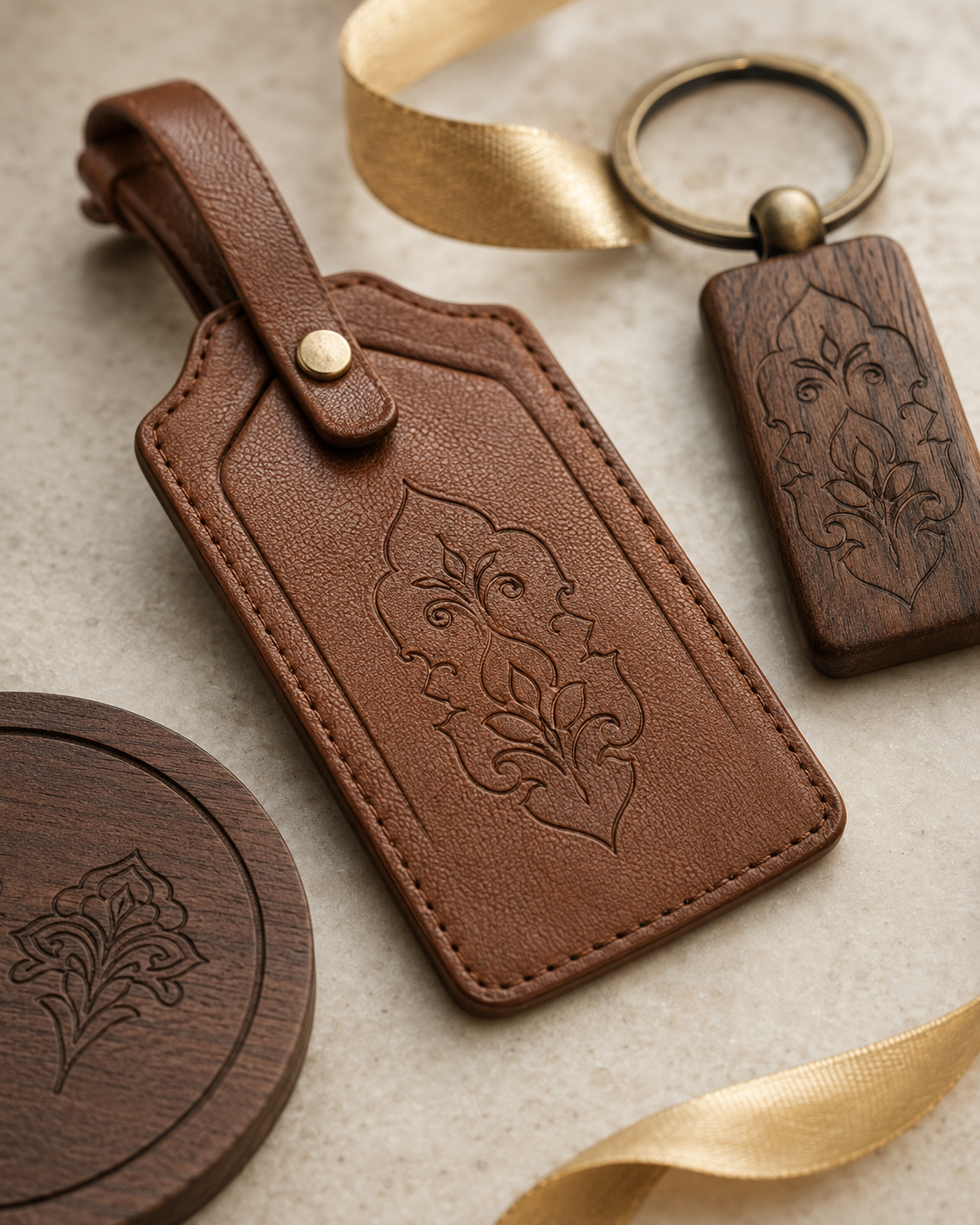 Close-up of personalized leather and wooden keepsakes