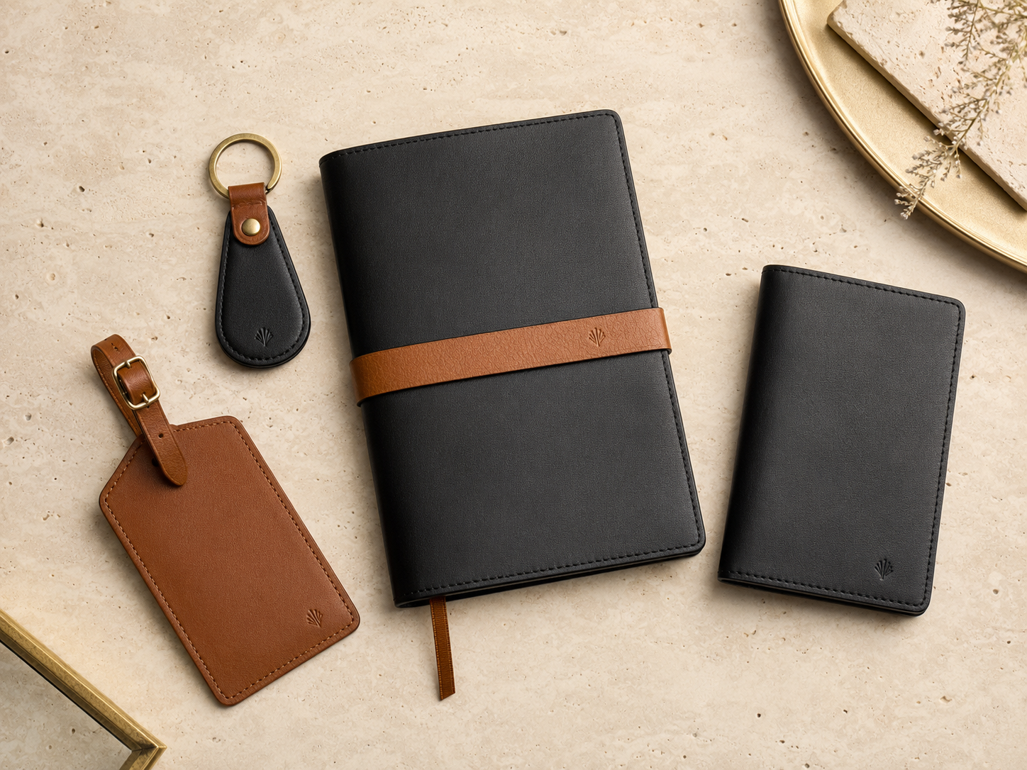 Personalized leather keychain, journal, luggage tag and passport cover