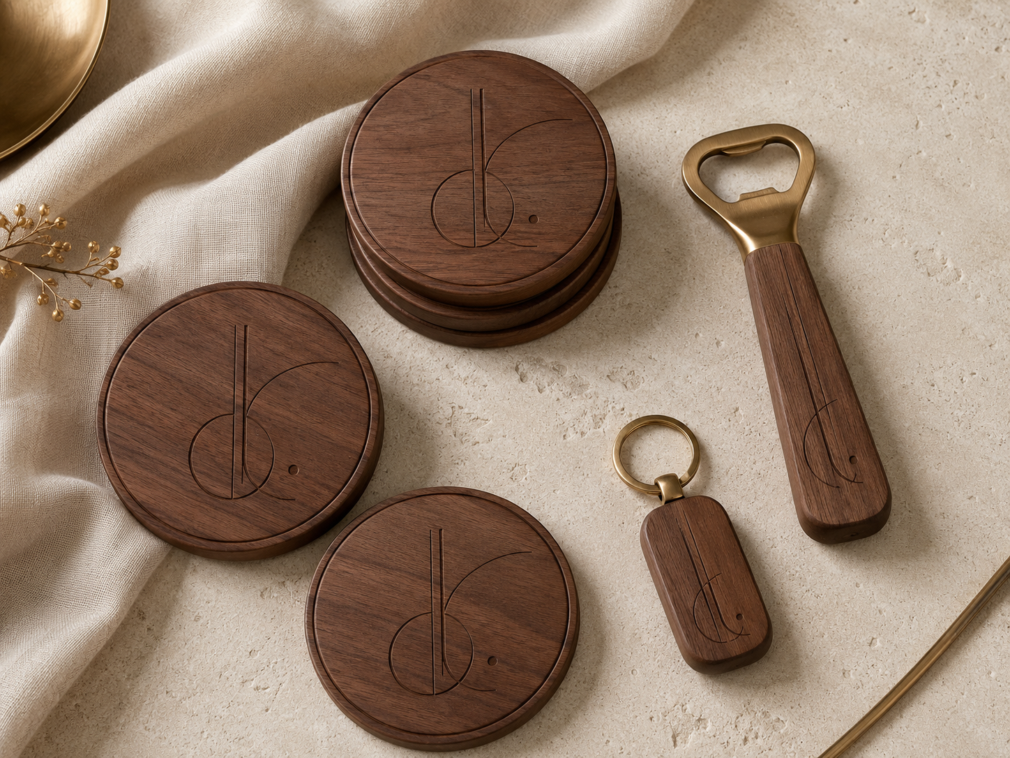Personalized wooden coasters, keychains and bottle openers